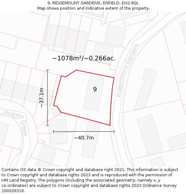 9, RIDGEMOUNT GARDENS, ENFIELD, EN2 8QL: Plot and title map