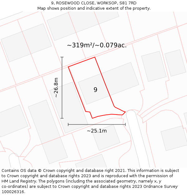 9, ROSEWOOD CLOSE, WORKSOP, S81 7RD: Plot and title map