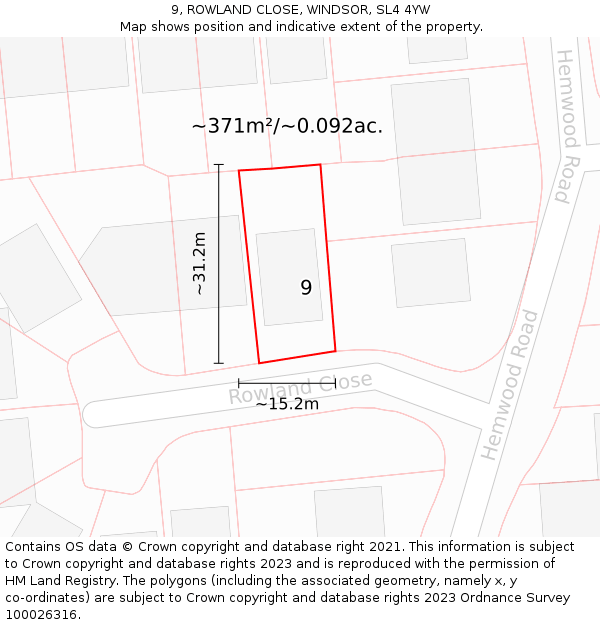 9, ROWLAND CLOSE, WINDSOR, SL4 4YW: Plot and title map