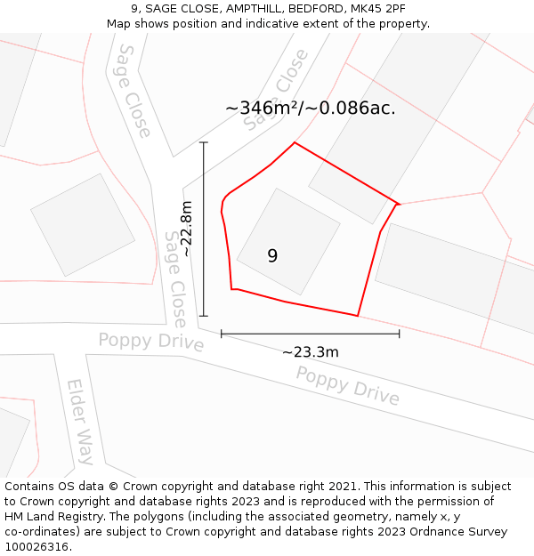9, SAGE CLOSE, AMPTHILL, BEDFORD, MK45 2PF: Plot and title map