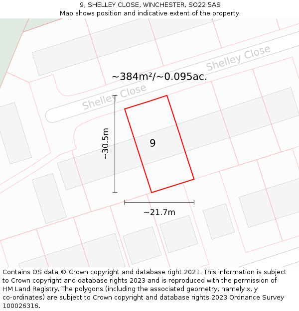 9, SHELLEY CLOSE, WINCHESTER, SO22 5AS: Plot and title map