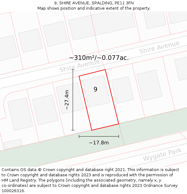 9, SHIRE AVENUE, SPALDING, PE11 3FN: Plot and title map