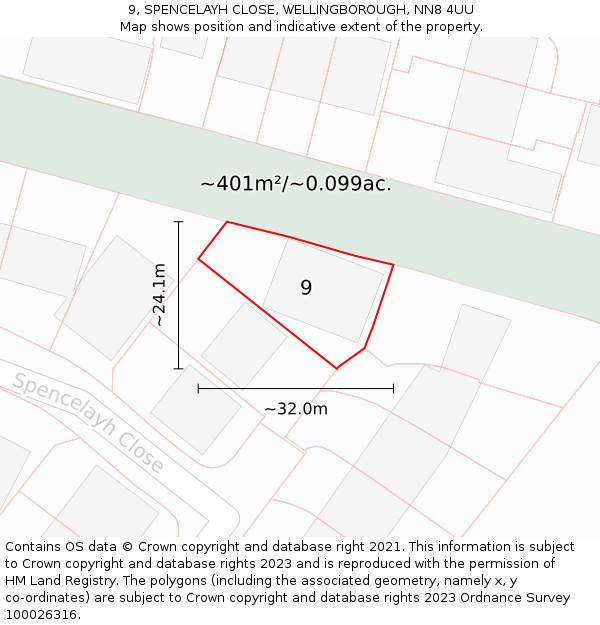 9, SPENCELAYH CLOSE, WELLINGBOROUGH, NN8 4UU: Plot and title map