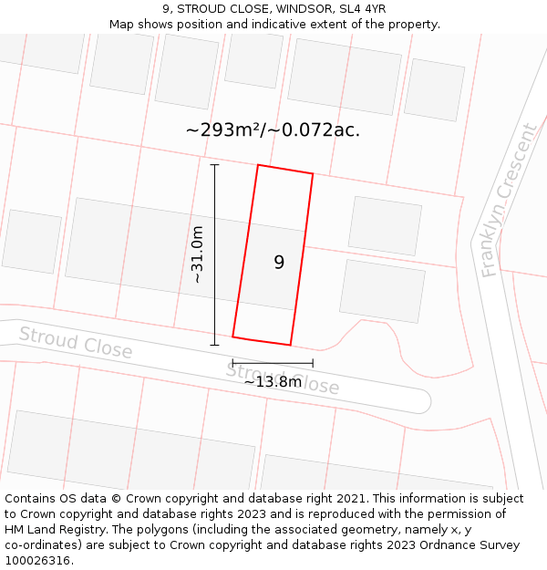 9, STROUD CLOSE, WINDSOR, SL4 4YR: Plot and title map