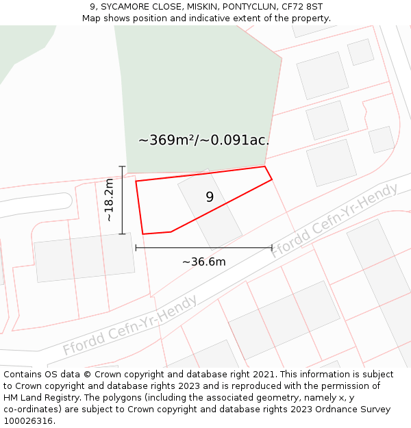 9, SYCAMORE CLOSE, MISKIN, PONTYCLUN, CF72 8ST: Plot and title map