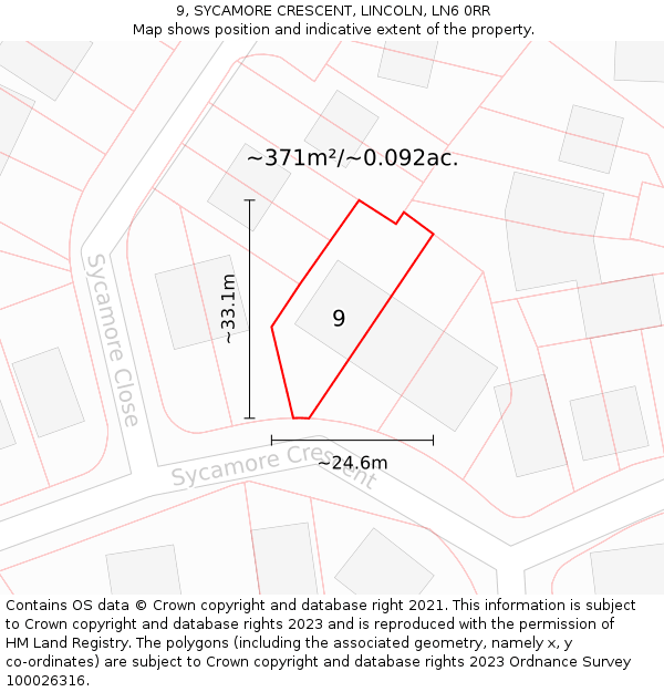 9, SYCAMORE CRESCENT, LINCOLN, LN6 0RR: Plot and title map