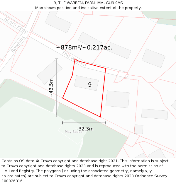 9, THE WARREN, FARNHAM, GU9 9AS: Plot and title map