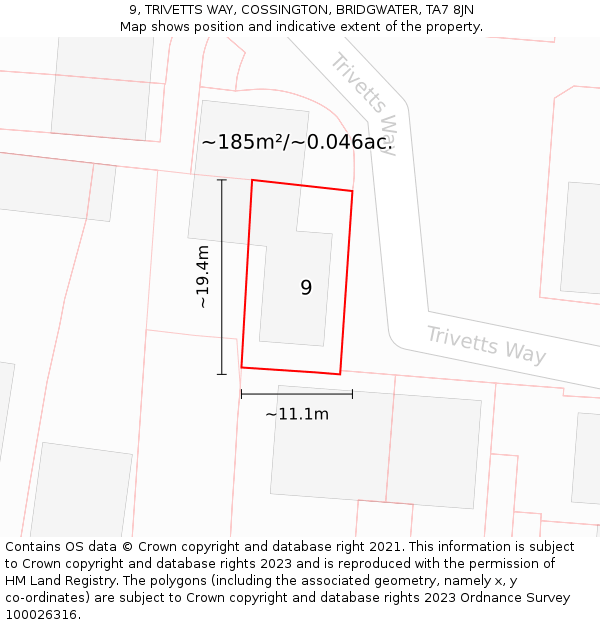 9, TRIVETTS WAY, COSSINGTON, BRIDGWATER, TA7 8JN: Plot and title map