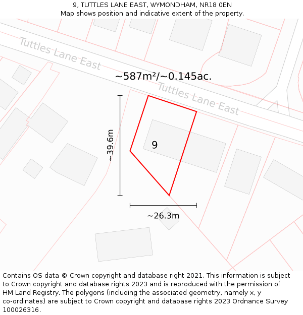 9, TUTTLES LANE EAST, WYMONDHAM, NR18 0EN: Plot and title map