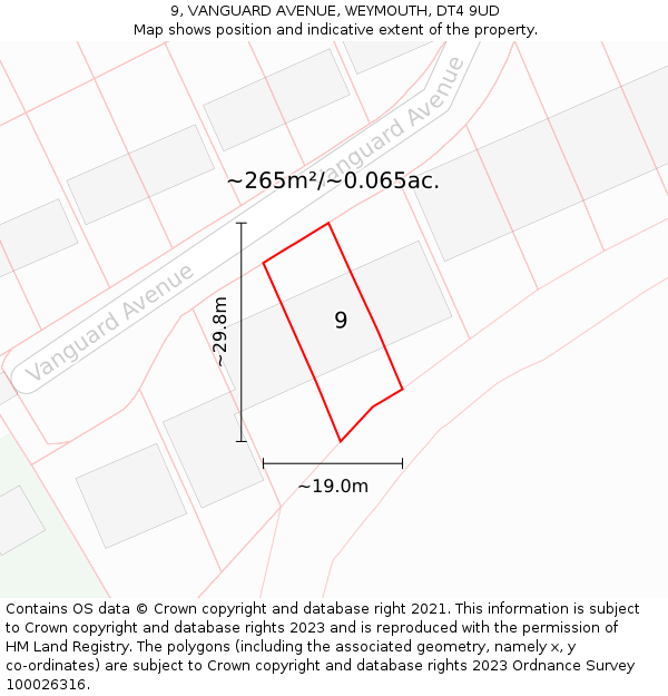 9, VANGUARD AVENUE, WEYMOUTH, DT4 9UD: Plot and title map
