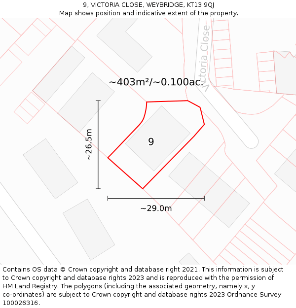 9, VICTORIA CLOSE, WEYBRIDGE, KT13 9QJ: Plot and title map