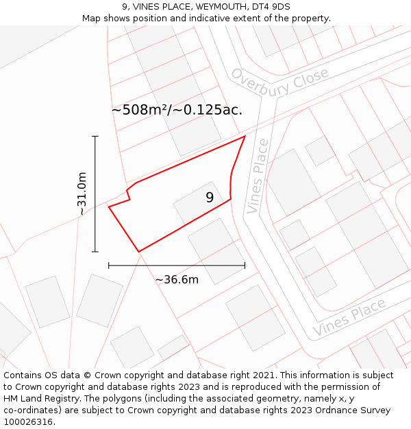 9, VINES PLACE, WEYMOUTH, DT4 9DS: Plot and title map