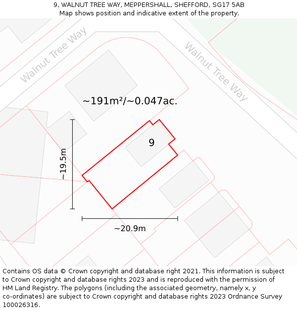 9, WALNUT TREE WAY, MEPPERSHALL, SHEFFORD, SG17 5AB: Plot and title map