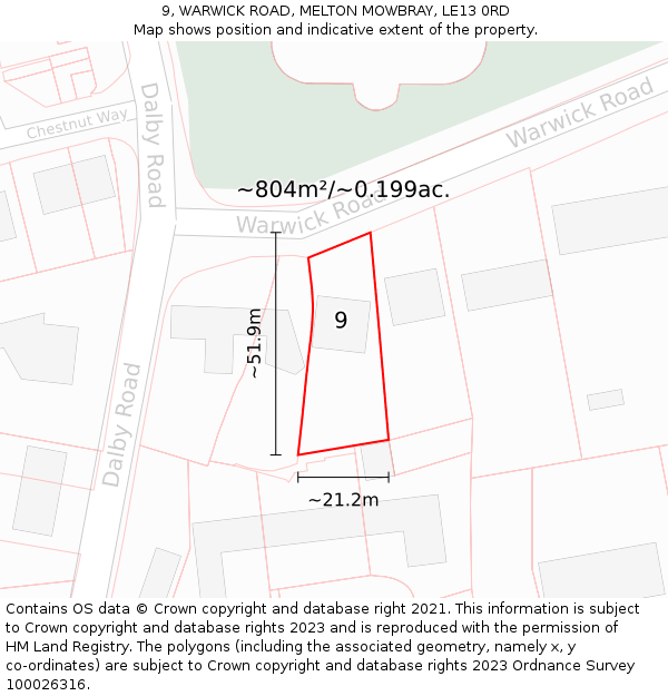 9, WARWICK ROAD, MELTON MOWBRAY, LE13 0RD: Plot and title map