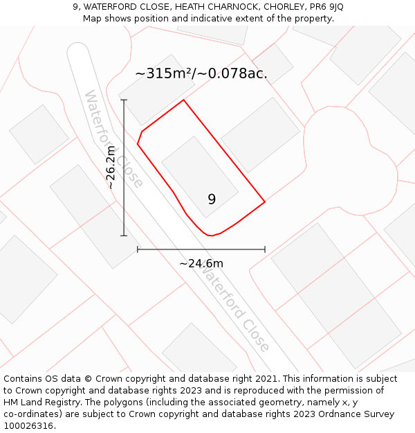 9, WATERFORD CLOSE, HEATH CHARNOCK, CHORLEY, PR6 9JQ: Plot and title map