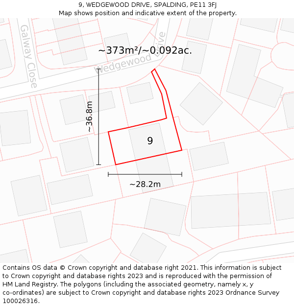 9, WEDGEWOOD DRIVE, SPALDING, PE11 3FJ: Plot and title map