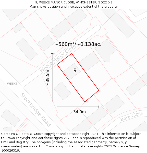 9, WEEKE MANOR CLOSE, WINCHESTER, SO22 5JE: Plot and title map