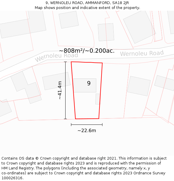 9, WERNOLEU ROAD, AMMANFORD, SA18 2JR: Plot and title map