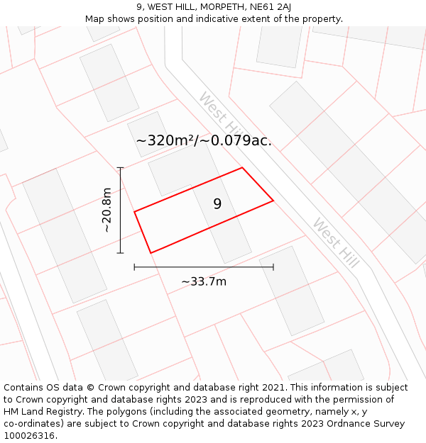 9, WEST HILL, MORPETH, NE61 2AJ: Plot and title map