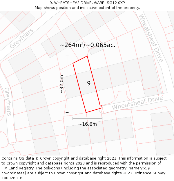 9, WHEATSHEAF DRIVE, WARE, SG12 0XP: Plot and title map