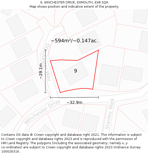 9, WINCHESTER DRIVE, EXMOUTH, EX8 5QA: Plot and title map