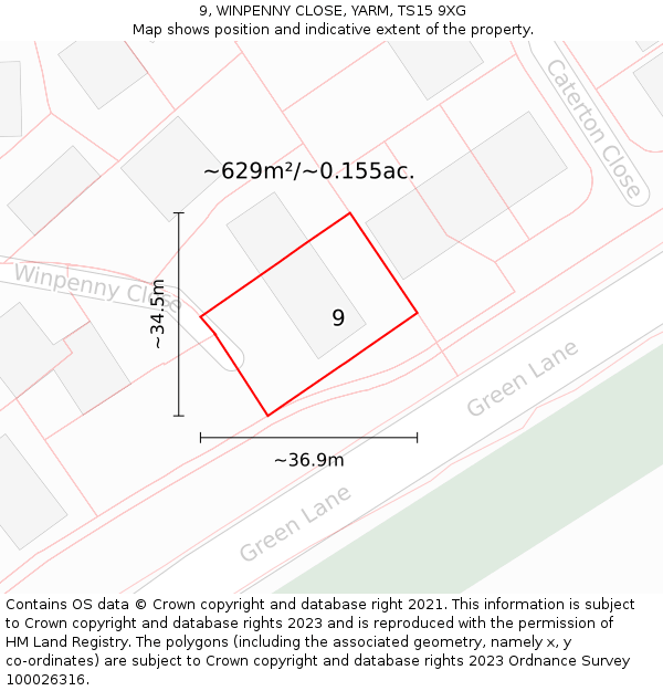 9, WINPENNY CLOSE, YARM, TS15 9XG: Plot and title map