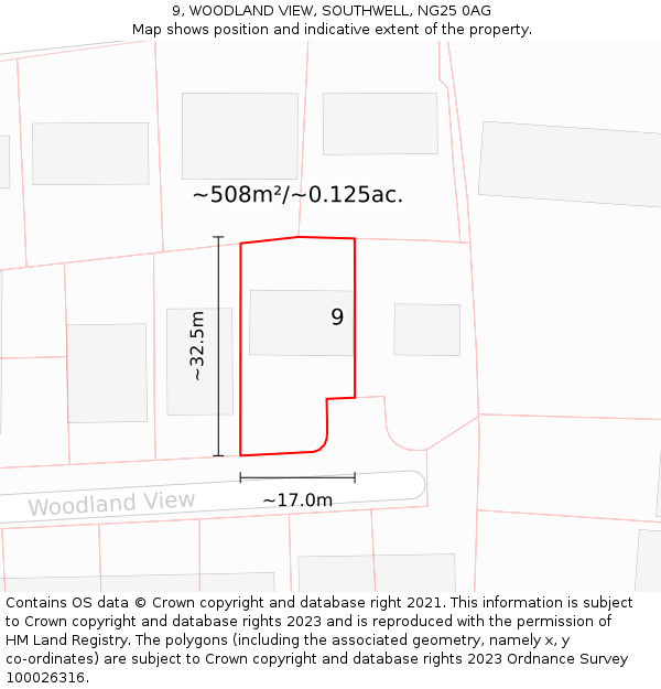 9, WOODLAND VIEW, SOUTHWELL, NG25 0AG: Plot and title map