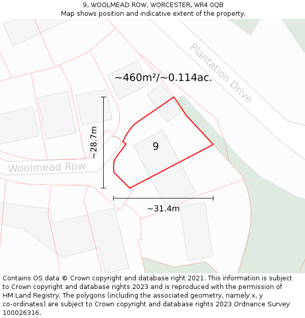 9, WOOLMEAD ROW, WORCESTER, WR4 0QB: Plot and title map
