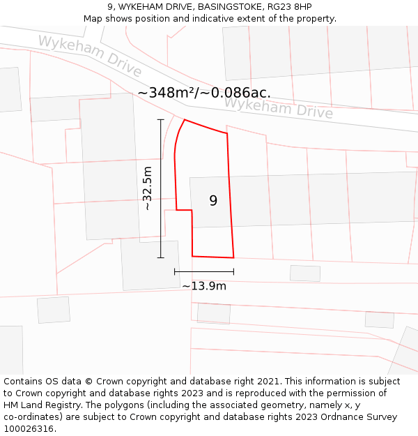 9, WYKEHAM DRIVE, BASINGSTOKE, RG23 8HP: Plot and title map