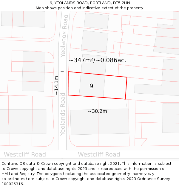9, YEOLANDS ROAD, PORTLAND, DT5 2HN: Plot and title map