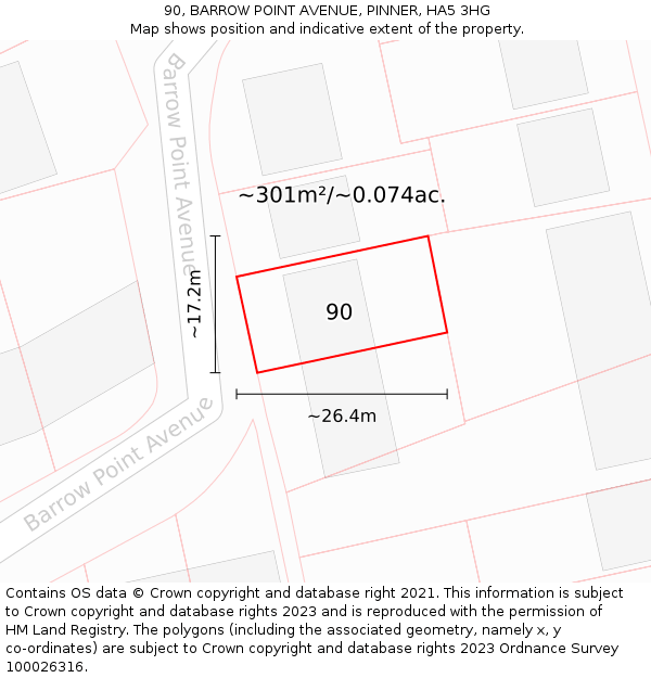 90, BARROW POINT AVENUE, PINNER, HA5 3HG: Plot and title map