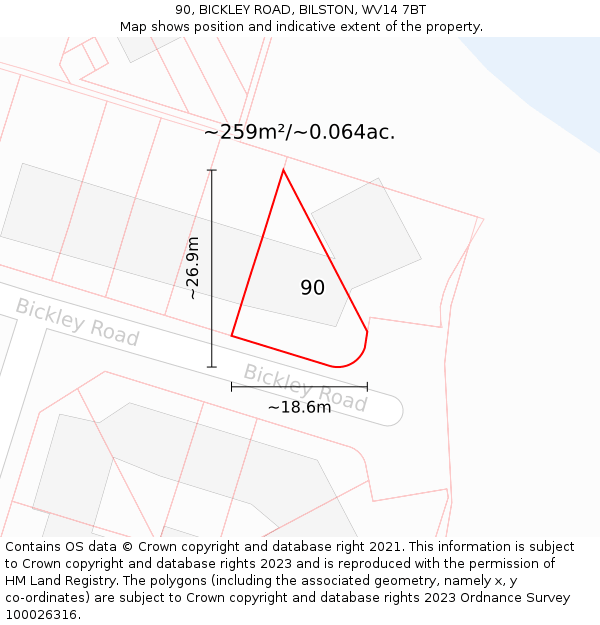 90, BICKLEY ROAD, BILSTON, WV14 7BT: Plot and title map