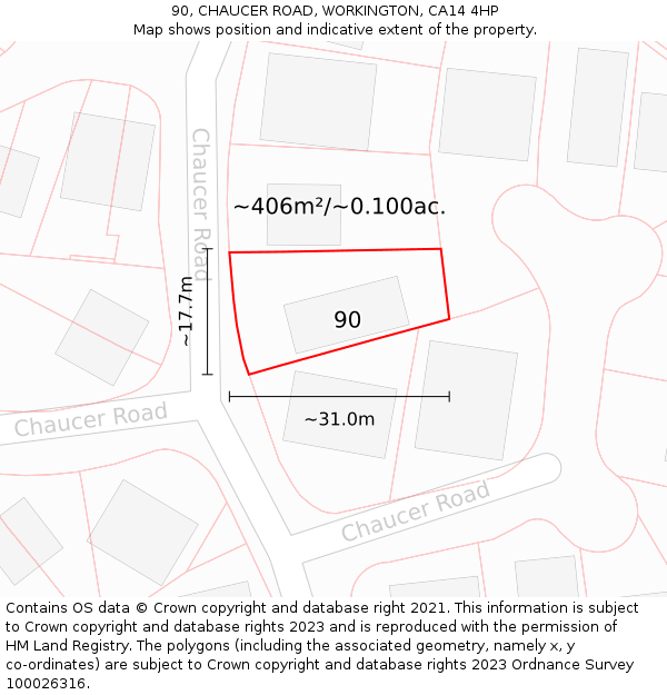 90, CHAUCER ROAD, WORKINGTON, CA14 4HP: Plot and title map