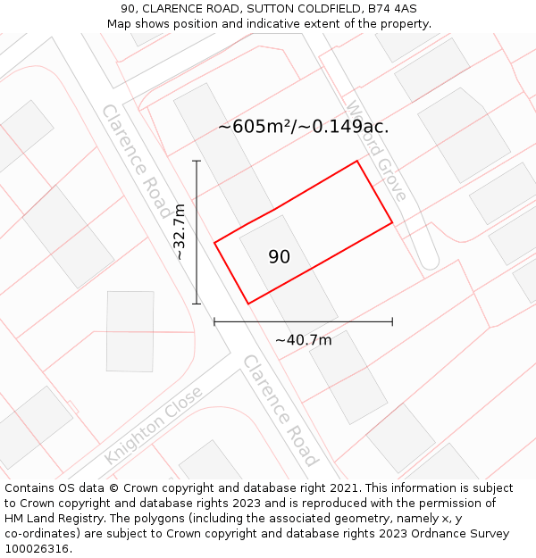 90, CLARENCE ROAD, SUTTON COLDFIELD, B74 4AS: Plot and title map