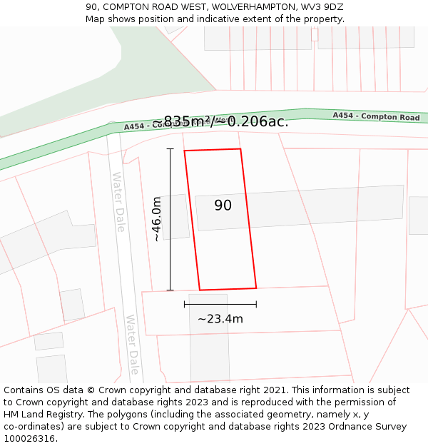 90, COMPTON ROAD WEST, WOLVERHAMPTON, WV3 9DZ: Plot and title map