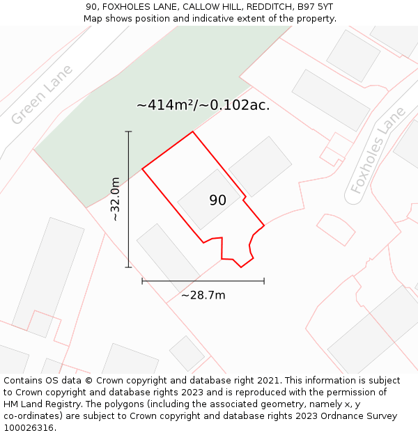 90, FOXHOLES LANE, CALLOW HILL, REDDITCH, B97 5YT: Plot and title map