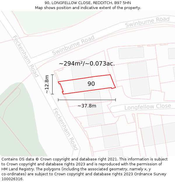 90, LONGFELLOW CLOSE, REDDITCH, B97 5HN: Plot and title map