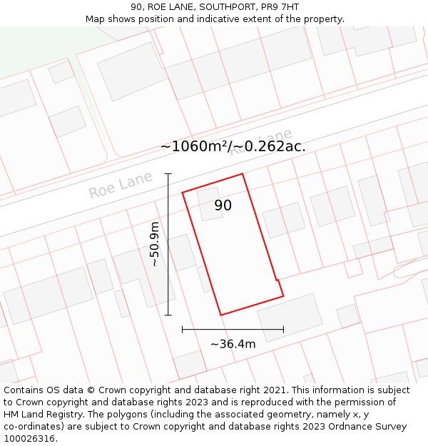 90, ROE LANE, SOUTHPORT, PR9 7HT: Plot and title map