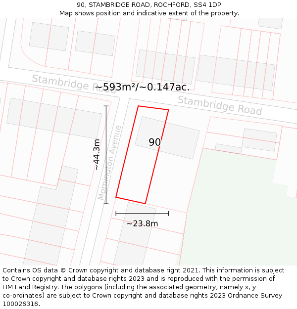 90, STAMBRIDGE ROAD, ROCHFORD, SS4 1DP: Plot and title map