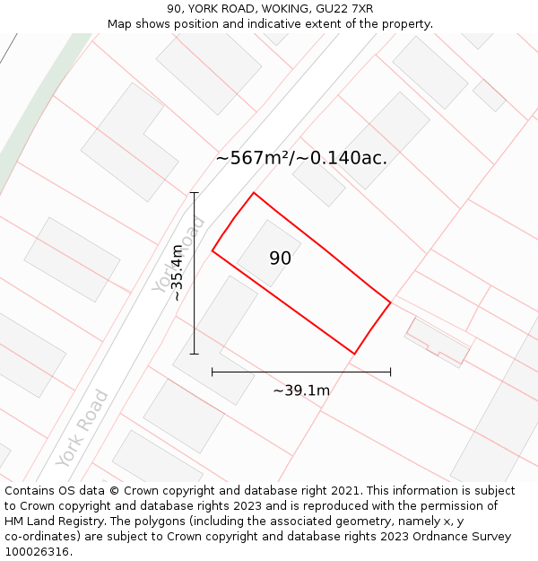 90, YORK ROAD, WOKING, GU22 7XR: Plot and title map