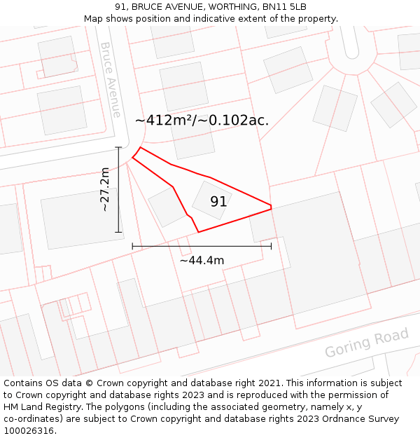91, BRUCE AVENUE, WORTHING, BN11 5LB: Plot and title map