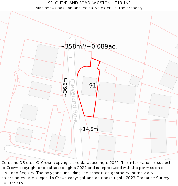 91, CLEVELAND ROAD, WIGSTON, LE18 1NF: Plot and title map