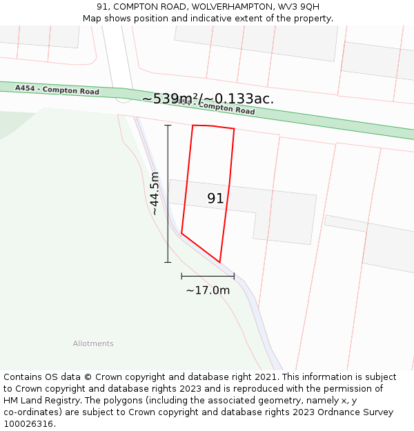 91, COMPTON ROAD, WOLVERHAMPTON, WV3 9QH: Plot and title map