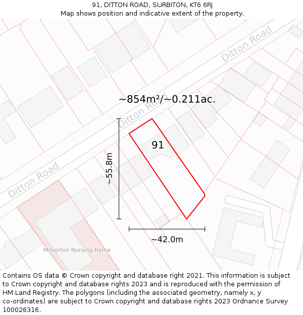 91, DITTON ROAD, SURBITON, KT6 6RJ: Plot and title map