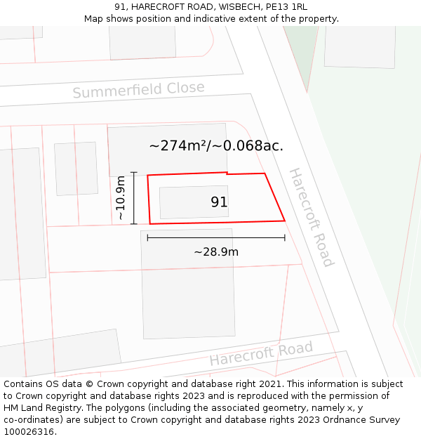 91, HARECROFT ROAD, WISBECH, PE13 1RL: Plot and title map