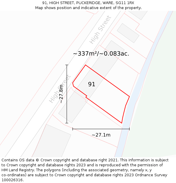 91, HIGH STREET, PUCKERIDGE, WARE, SG11 1RX: Plot and title map