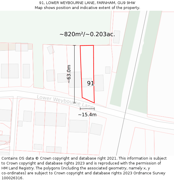 91, LOWER WEYBOURNE LANE, FARNHAM, GU9 9HW: Plot and title map