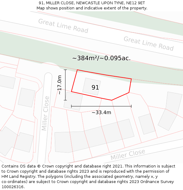 91, MILLER CLOSE, NEWCASTLE UPON TYNE, NE12 9ET: Plot and title map