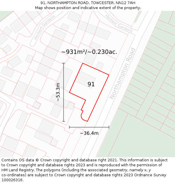 91, NORTHAMPTON ROAD, TOWCESTER, NN12 7AH: Plot and title map