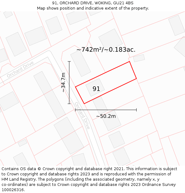 91, ORCHARD DRIVE, WOKING, GU21 4BS: Plot and title map